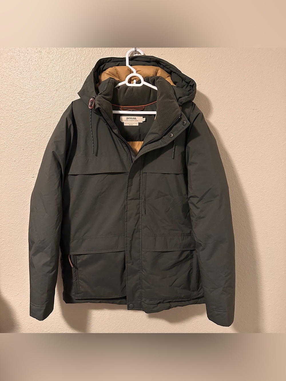 Prana Novad Path Down Jacket Men's Small Hooded Parka Olive Green Fleece Collar